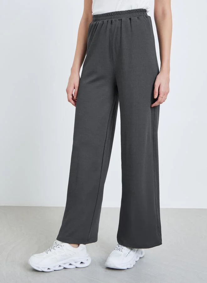 Styli Women Charcoal Ribbed Wide Leg Pants